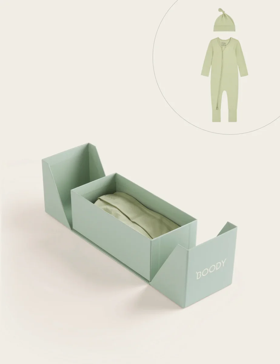 Set Giftbox – Baby Long Sleeve Romper & Knotted Beanie – Sage